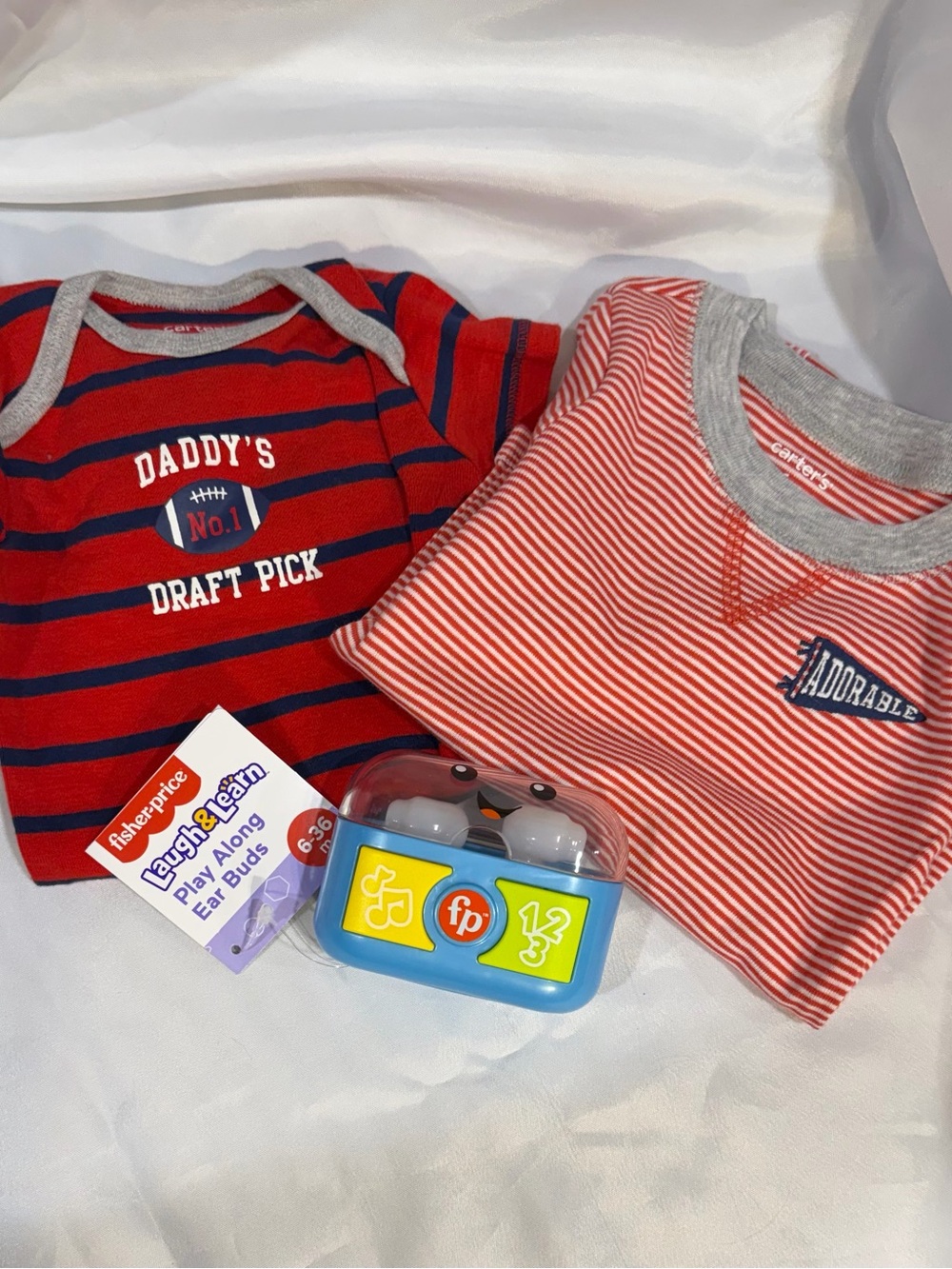 2 Carter’s 6 mo 1 piece w/Fisher Price New earbuds you “Daddy’s Draft Pick” New